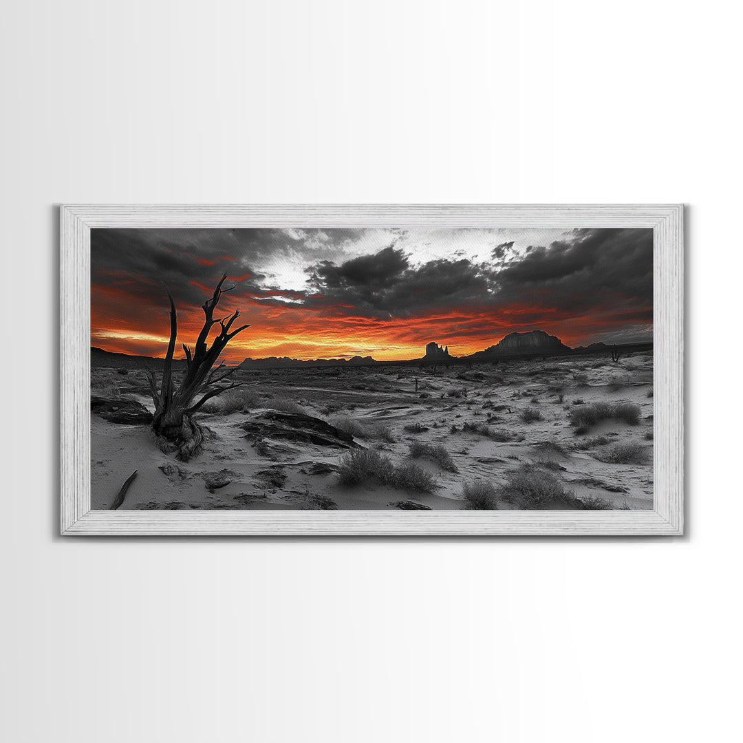 Desert Sunset, Red Sky, Monochrome Sand, Framed Canvas Print, Southwest Wall Art, Boho Bedroom Decor, Dramatic Nature Photography