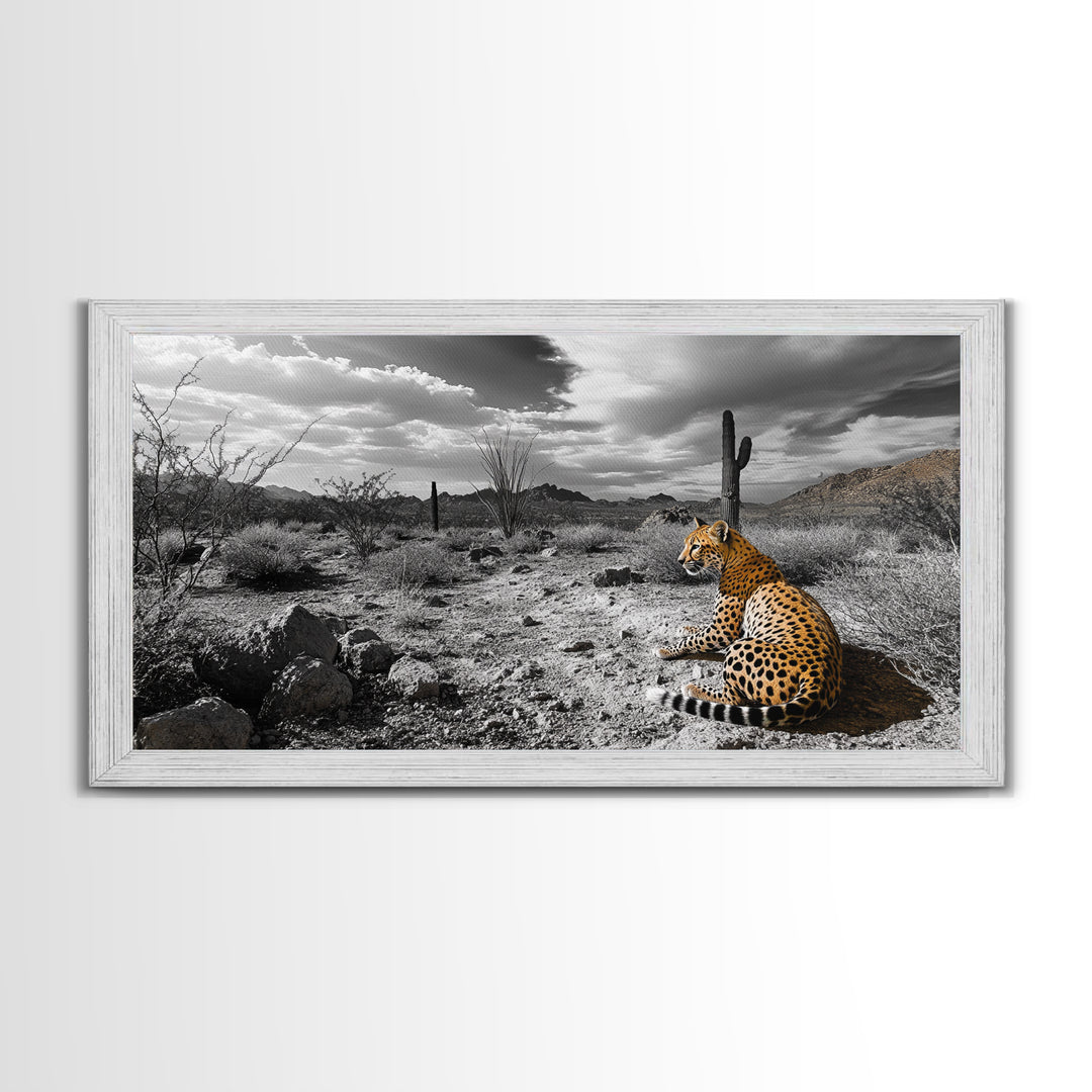 Cheetah Desert, Wild Cat, Monochrome Landscape, Framed Canvas Print, Safari Wall Art, Animal Lover Decor, Masculine Office Artwork