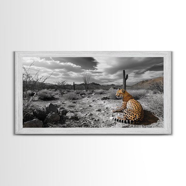 Cheetah Desert, Wild Cat, Monochrome Landscape, Framed Canvas Print, Safari Wall Art, Animal Lover Decor, Masculine Office Artwork