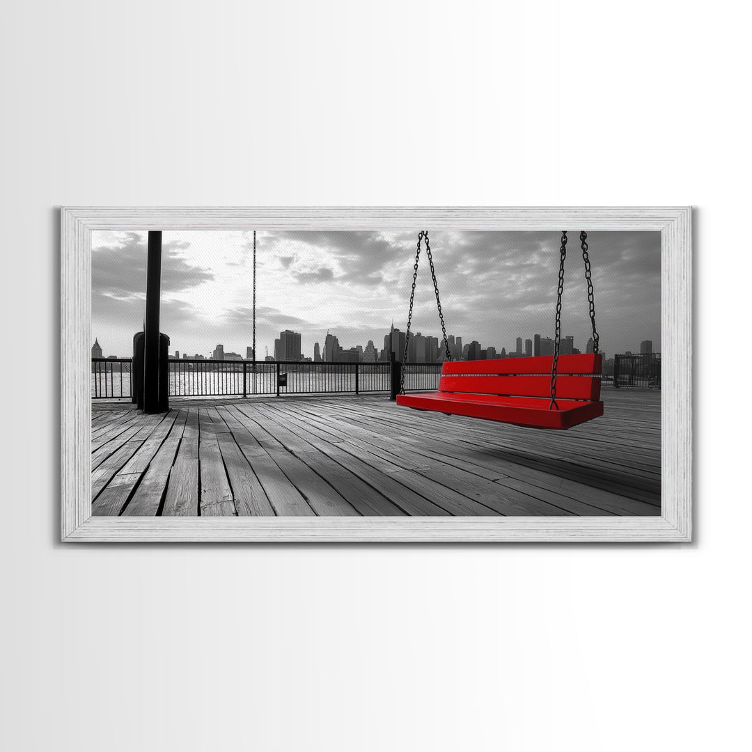 Red Swing, Skyline View, Urban Romance, Canvas Print, Cityscape Wall Art, Modern Minimalist Decor, Contemporary Bedroom Accent