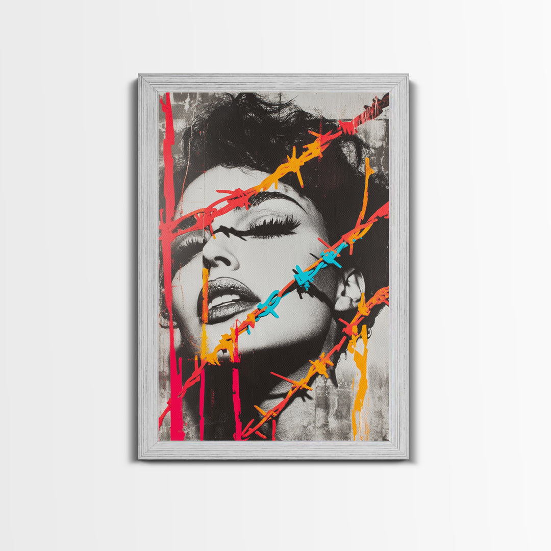 Neon Barbed Beauty, Graffiti Glam, Bold Portrait, Framed Canvas Print, Urban Wall Art, Edgy Bedroom Decor, Pop Art Style Statement