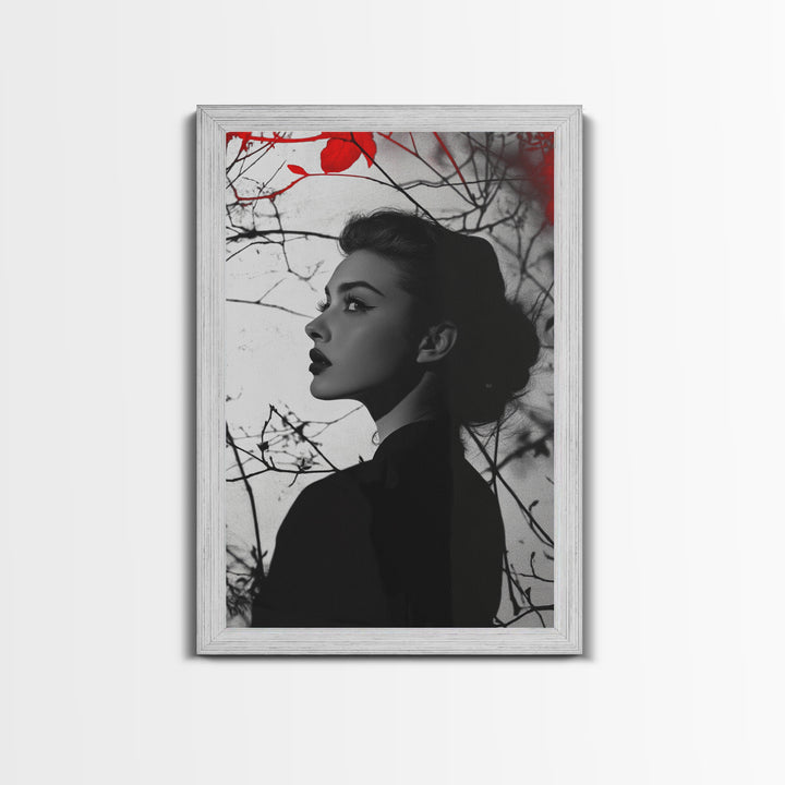 Noir Beauty, Red Accent Leaves, Dramatic Woman Profile, Framed Canvas Print, Glamour Wall Art, Gothic Bedroom Decor, Monochrome Style