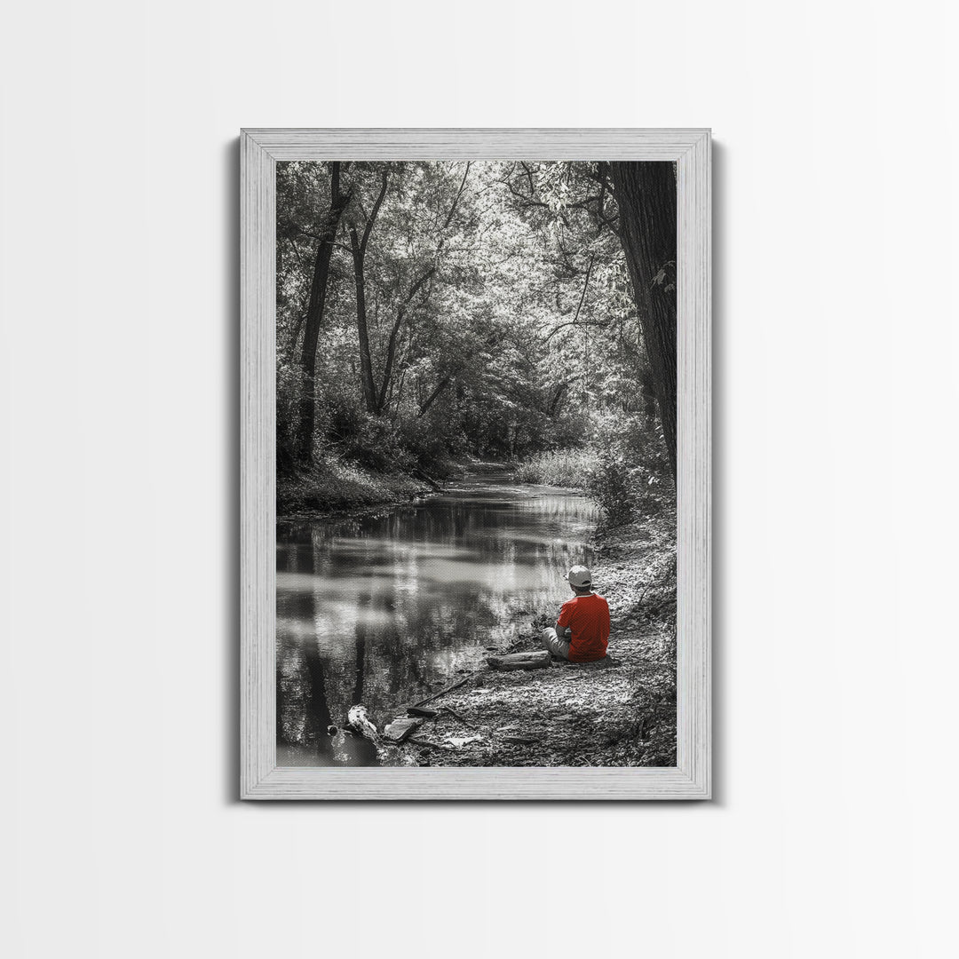 Boy Fishing, River Calm, Peaceful Moment, Nature Scene, Framed Canvas Print, Cabin Wall Art, Woodland Fall Decor, Tranquil Vibe