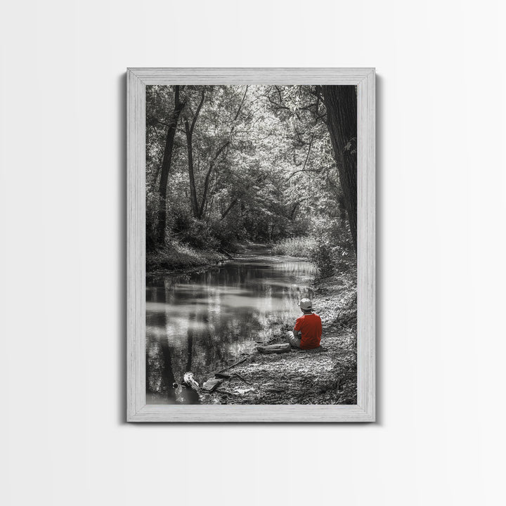 Boy Fishing, River Calm, Peaceful Moment, Nature Scene, Framed Canvas Print, Cabin Wall Art, Woodland Fall Decor, Tranquil Vibe