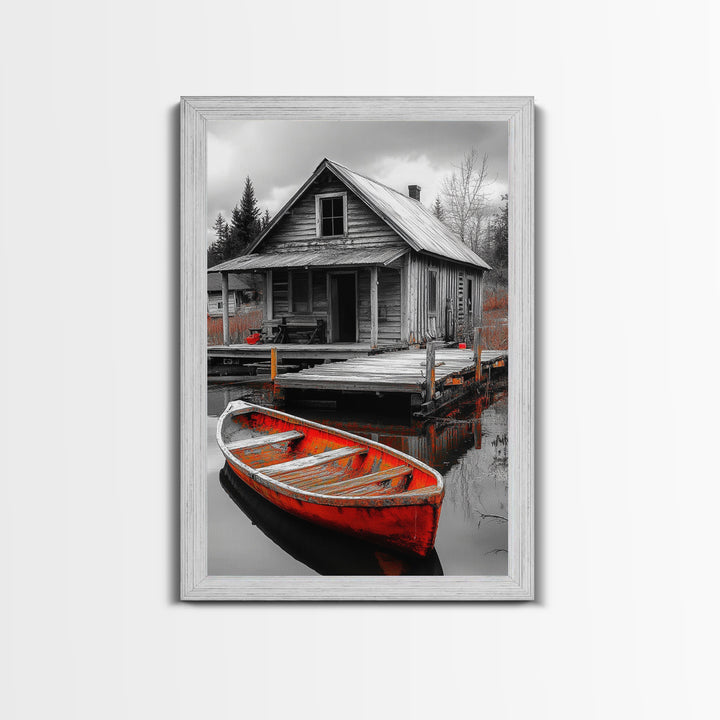 Cabin Reflection, Rustic Rowboat, Autumn Red, Lake Dock, Canvas Print, Fall Wall Art, Country Home Decor, Rustic Landscape, Lodge Style Art