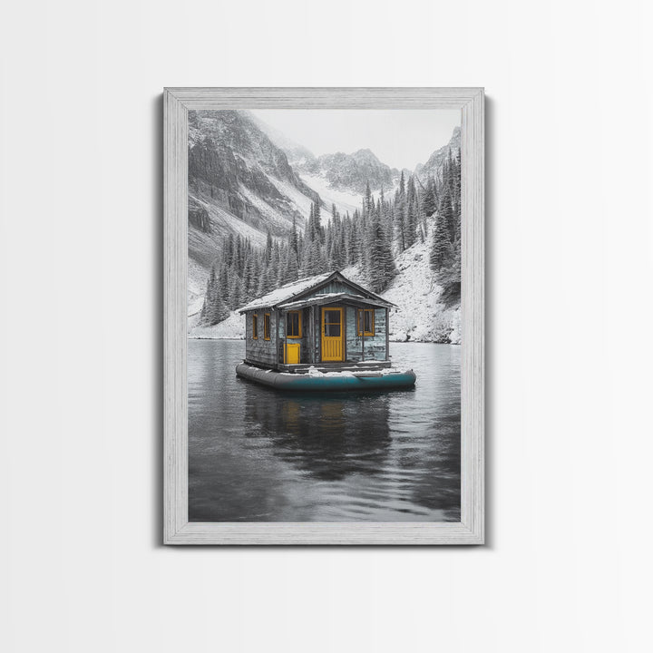 Winter Cabin, Floating House, Snowy Pines, Mountain Lake, Canvas Print, Minimalist Winter Wall Art, Cabin Decor, Neutral Nature Scene