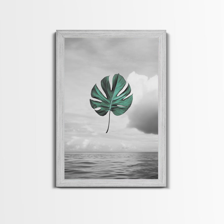 Monstera Leaf, Ocean Breeze, Tropical Minimalism, Floating Leaf, Framed Canvas Print, Modern Bathroom Art, Boho Decor, Tropical Wall Art
