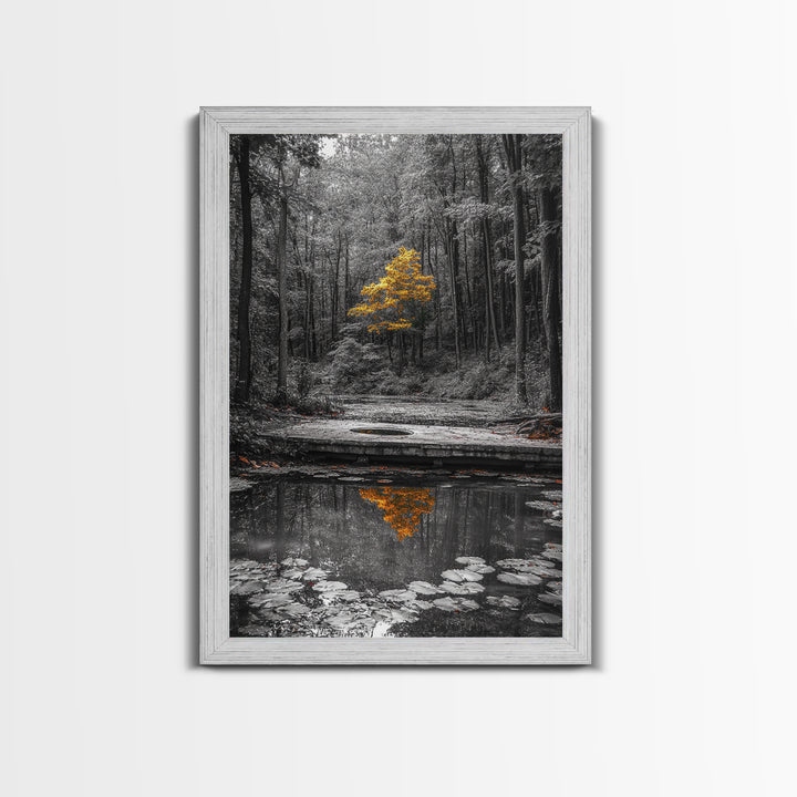 Lone Yellow Tree, Tranquil Pond, Forest Reflection, Canvas Print, Fall Nature Wall Art, Autumn Minimalist Decor, Peaceful Meditation Room