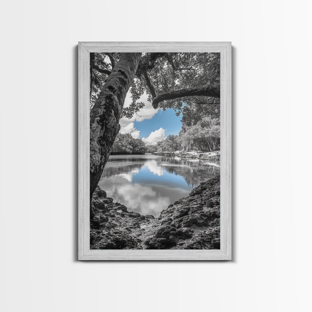 Blue Sky River, Tropical Trees, Natural Tranquility, Framed Canvas Print, Relaxing Bedroom Wall Art, Coastal Nature, Serene Landscape Decor