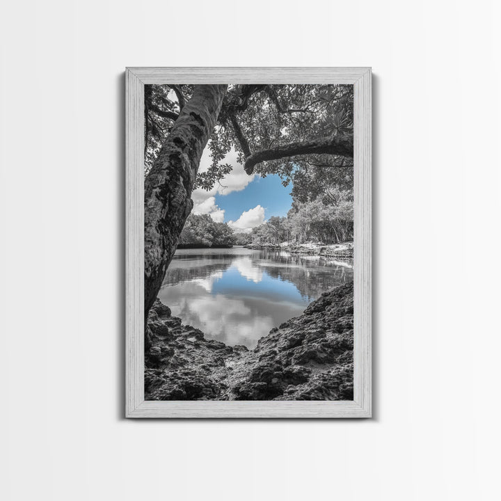 Blue Sky River, Tropical Trees, Natural Tranquility, Framed Canvas Print, Relaxing Bedroom Wall Art, Coastal Nature, Serene Landscape Decor