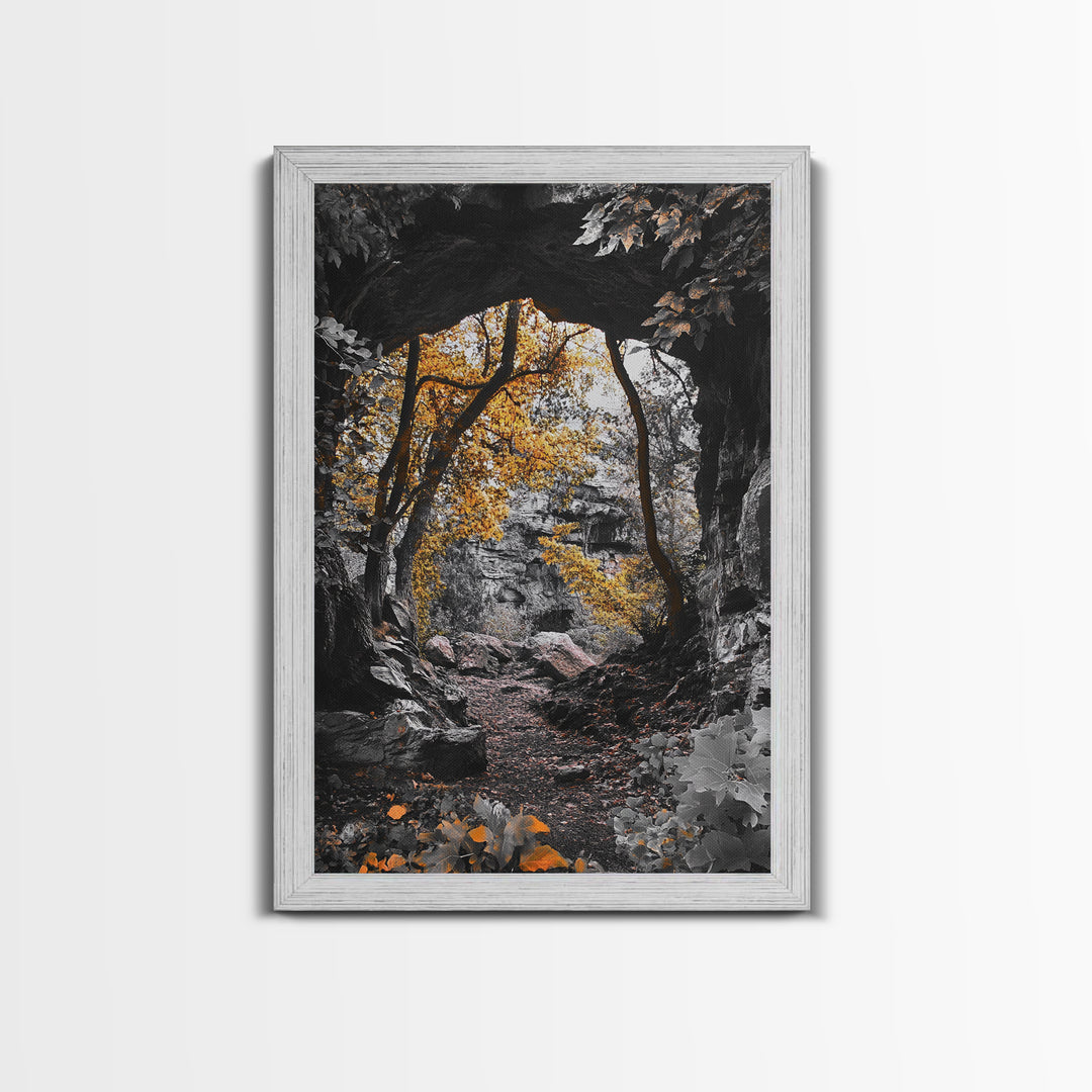 Autumn Trail, Yellow Foliage, Forest Pathway, Framed Canvas Print, Fall Wall Art, Warm Earth Tones, Rustic Entryway Decor, Woodland Scene