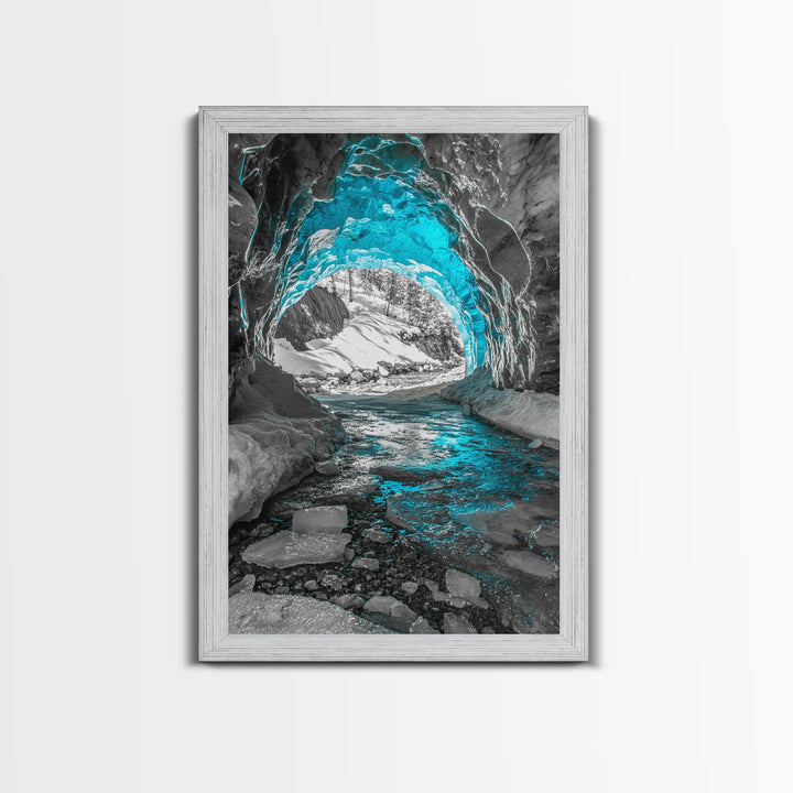 Blue Ice Cave, Winter Tunnel, Arctic Wonderland, Framed Canvas Print, Nature Wall Art, Minimalist Photography, Cool Tone Decor