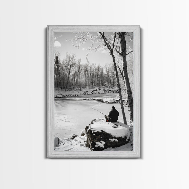 Winter Fishing, Snowy River, Peaceful Solitude, Canvas Print, Cabin Wall Art, Rustic Outdoor Decor, Black White Nature Photography