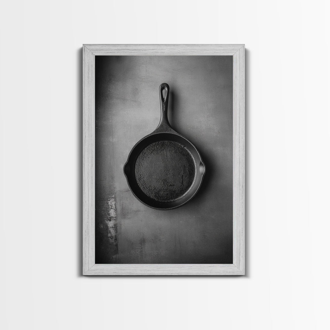 Cast Iron Pan, Rustic Kitchen, Black White Still Life, Framed Canvas Print, Kitchen Wall Art, Farmhouse Cooking Decor, Chef Gift Idea