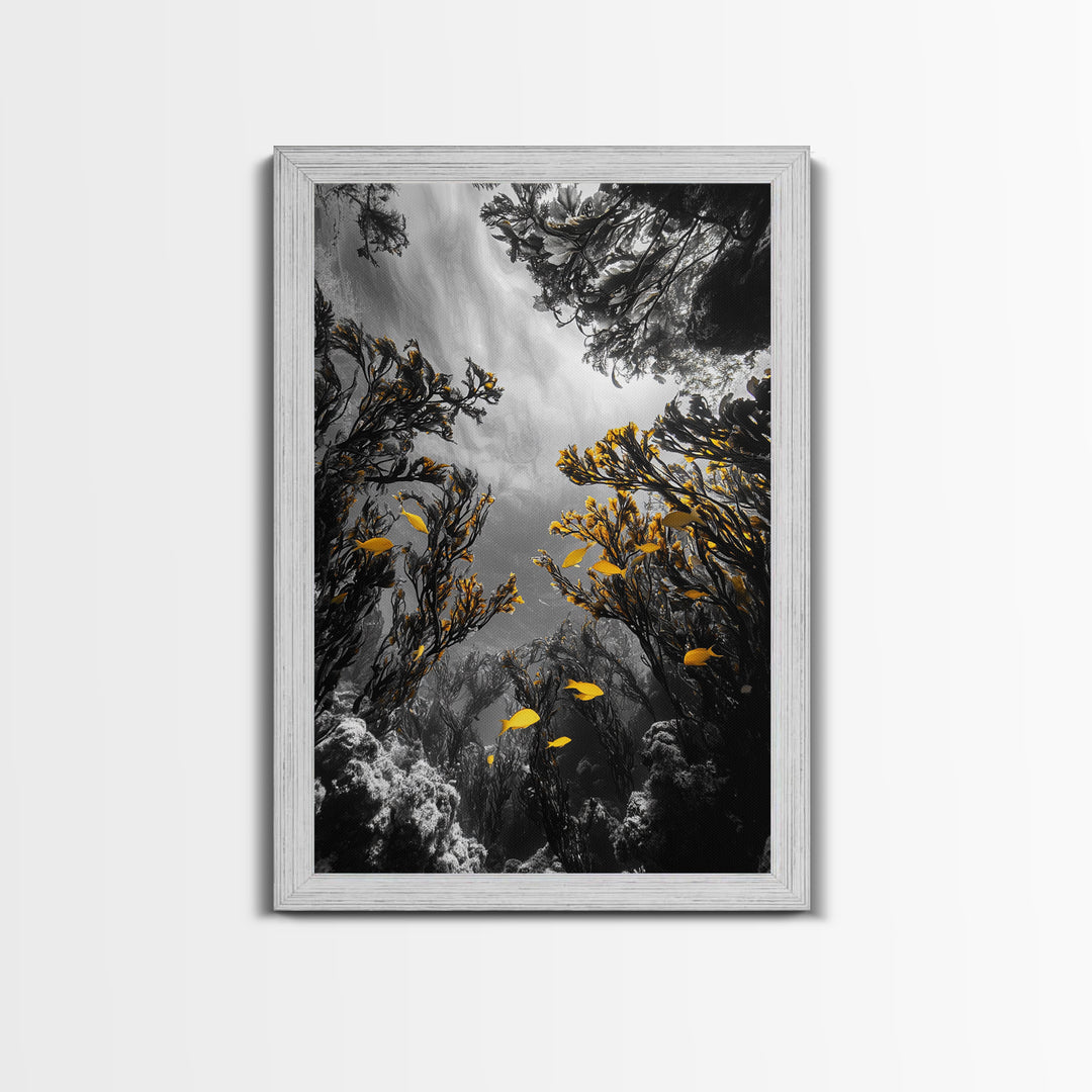 Golden Fish, Kelp Forest, Ethereal Ocean Scene, Framed Canvas Print, Underwater Wall Art, Nature Photography, Bathroom Sea Decor