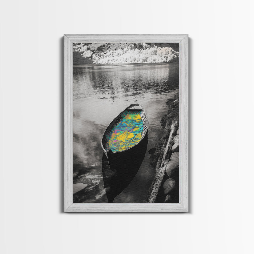 Rowboat Map Interior, Lake Reflections, Artistic Travel Theme, Canvas Print, Cabin Wall Art, Unique Lake House Decor, Explorer Style