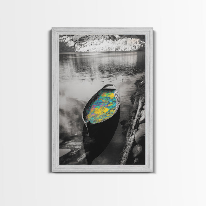Rowboat Map Interior, Lake Reflections, Artistic Travel Theme, Canvas Print, Cabin Wall Art, Unique Lake House Decor, Explorer Style