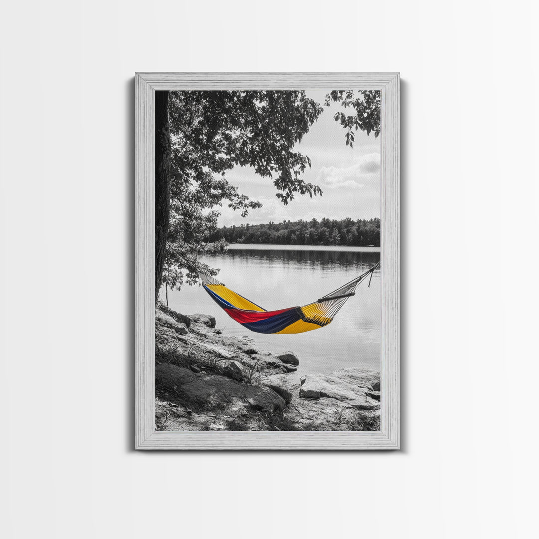 Hammock Lake Scene, Peaceful Nature Art, Fall Outdoors, Relaxed Escape, Framed Canvas Print, boho decor, bedroom art, cozy wall print