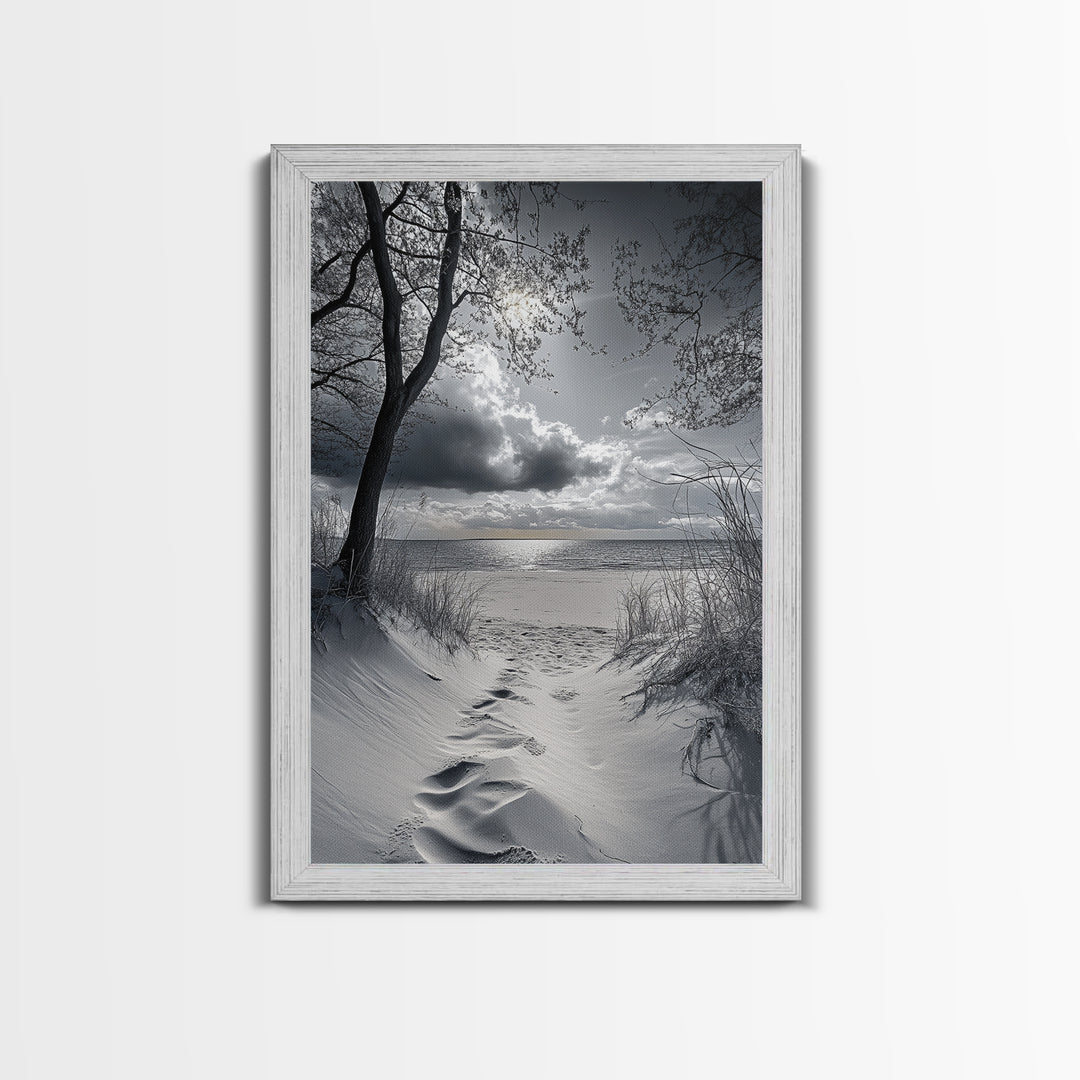 Beach Dunes Sunset, Seaside Escape, Quiet Shore Path, Coastal Calm, Framed Canvas Print, neutral coastal art,  bathroom wall decor