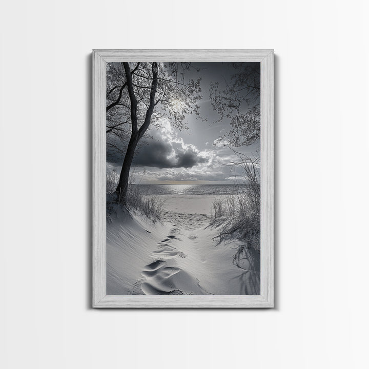 Beach Dunes Sunset, Seaside Escape, Quiet Shore Path, Coastal Calm, Framed Canvas Print, neutral coastal art,  bathroom wall decor