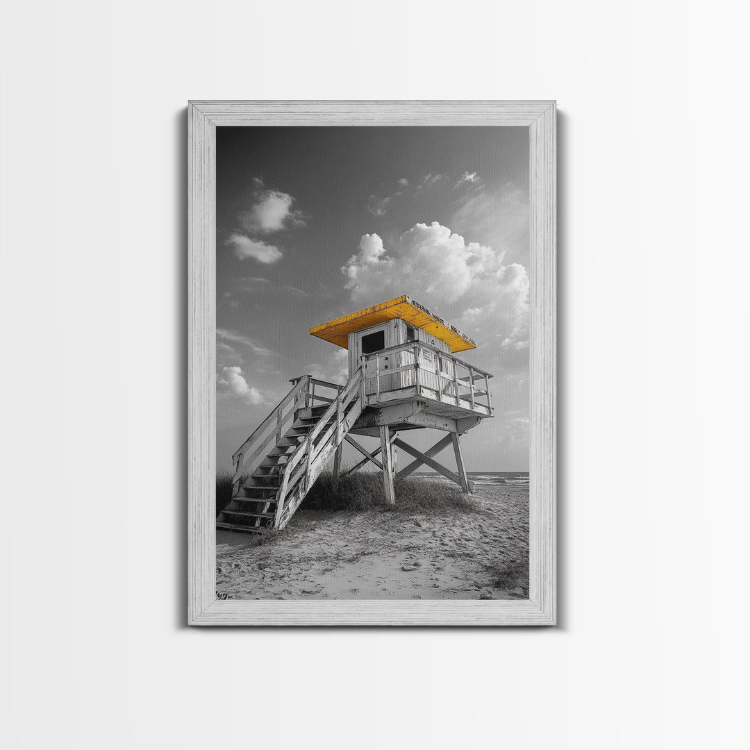 Lifeguard Tower Yellow, Beach Escape, Summer Vibe Art, Ocean Watch Post, Framed Canvas Print, coastal home decor, beach house wall art