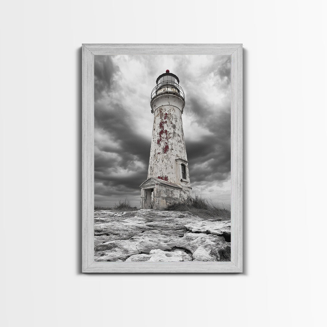 Rustic Lighthouse Shore, Weathered Tower Art, Stormy Coast Scene, Moody Seaside, Framed Canvas Print, nautical bathroom or den wall decor