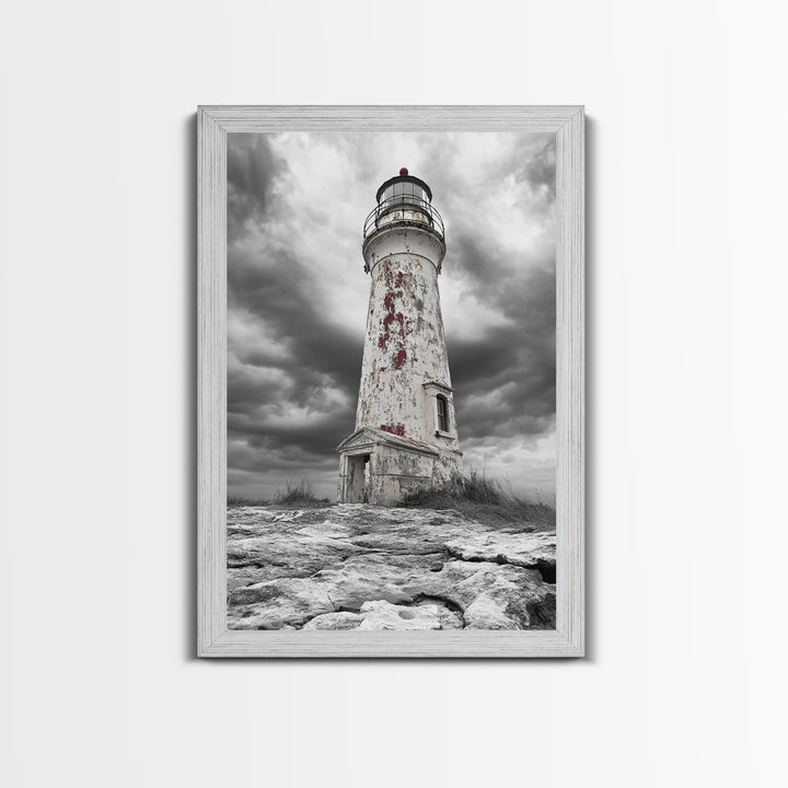 Rustic Lighthouse Shore, Weathered Tower Art, Stormy Coast Scene, Moody Seaside, Framed Canvas Print, nautical bathroom or den wall decor