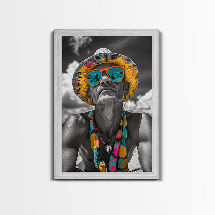 Beach Guy Portrait, Summer Sunglasses, Boho Vibe, Framed Canvas Print, Surf Shack Decor, Eclectic Wall Art, Travel Inspired Design