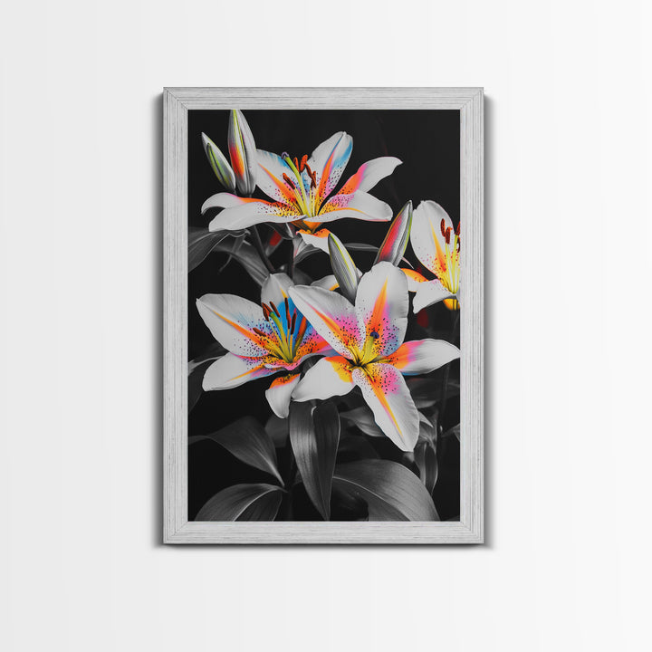 Neon Lily, Floral Bloom, Vibrant Flower, Botanical Framed Canvas Print, Color Pop Wall Art, Bedroom Floral Art, Bold Nature Decor