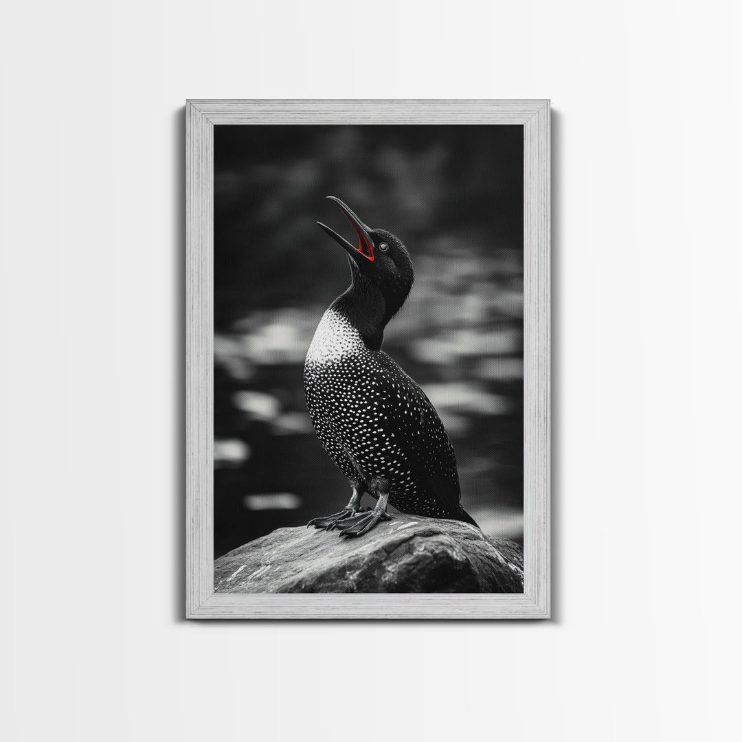 Loon Call, Singing Bird, Red Beak, Monochrome Framed Canvas Print, Wildlife Wall Decor, Bird Lover Wall Art, Rustic Cabin Accent