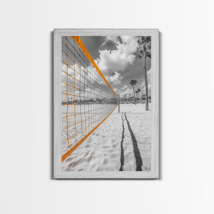 Volleyball Court, Sand and Net, Coastal Play, Framed Canvas Print, Sports Wall Art, Teen Room Decor, Summer Athletic Beach Vibes