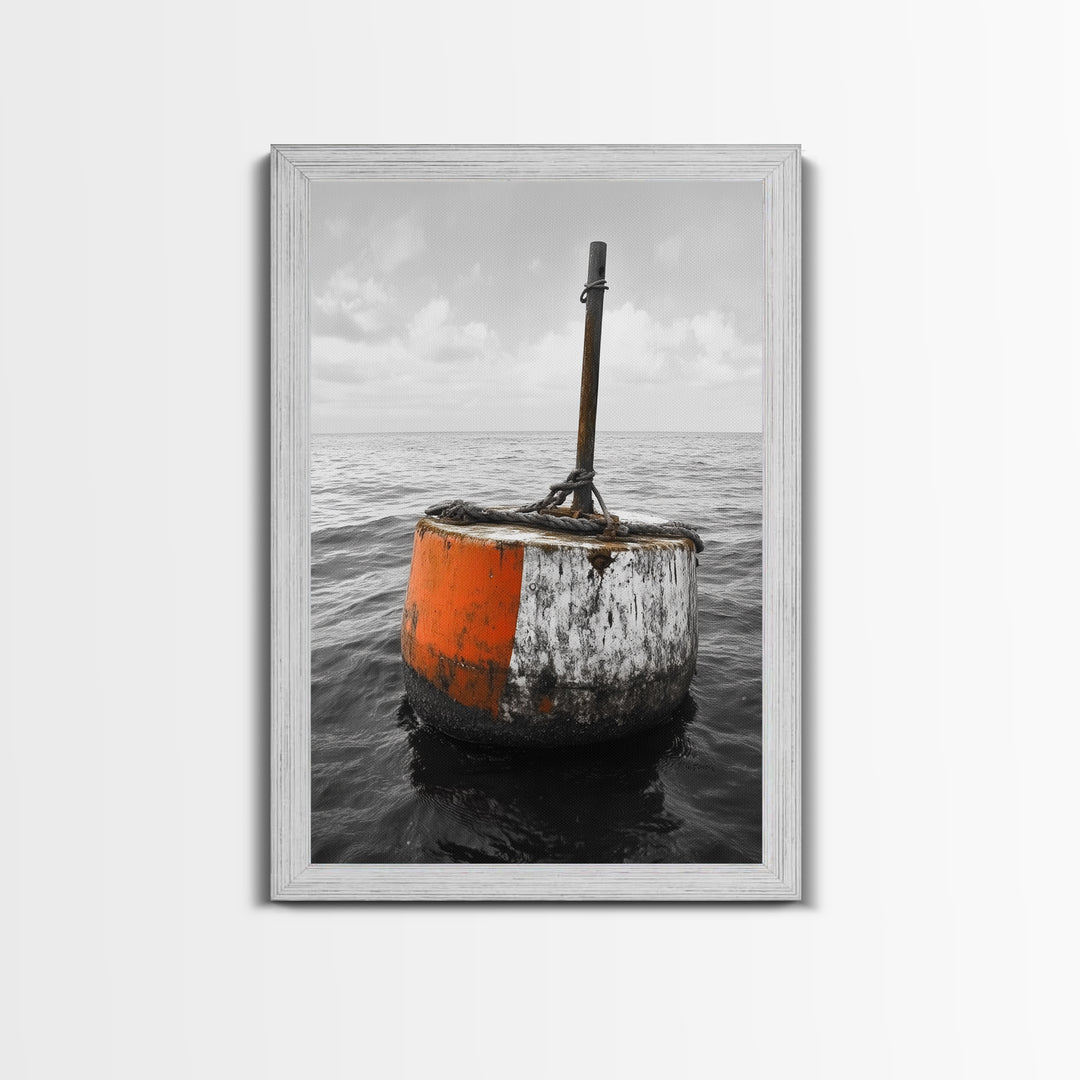 Ocean Buoy Art, Nautical Minimalism, Coastal Wall Decor, Industrial Seascape, Framed Canvas Print, Rustic Ocean Art, Bathroom Wall Art