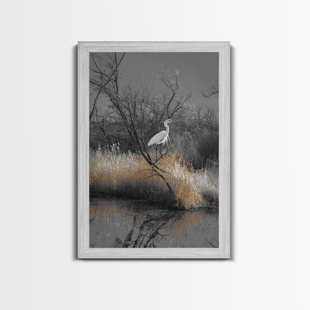Egret Bird Scene, Autumn Riverbank, Wildlife Nature Print, Moody Wetland Landscape, Framed Canvas Print, Rustic Living Room Wall Art