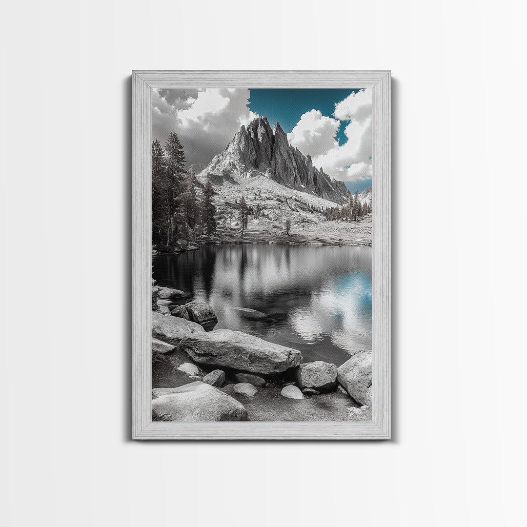 Crystal Lake Peaks, Serene Mountain Reflection, Monochrome Water Scene, Canvas Print, Bedroom Wall Art, Nature Photography Decor