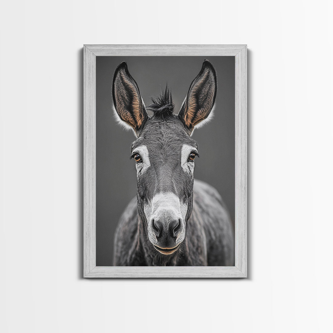 Donkey Close-Up, Rustic Farm Animal, Black and White Portrait, Canvas Print, Farmhouse Kitchen Art, Country Animal Wall Decor