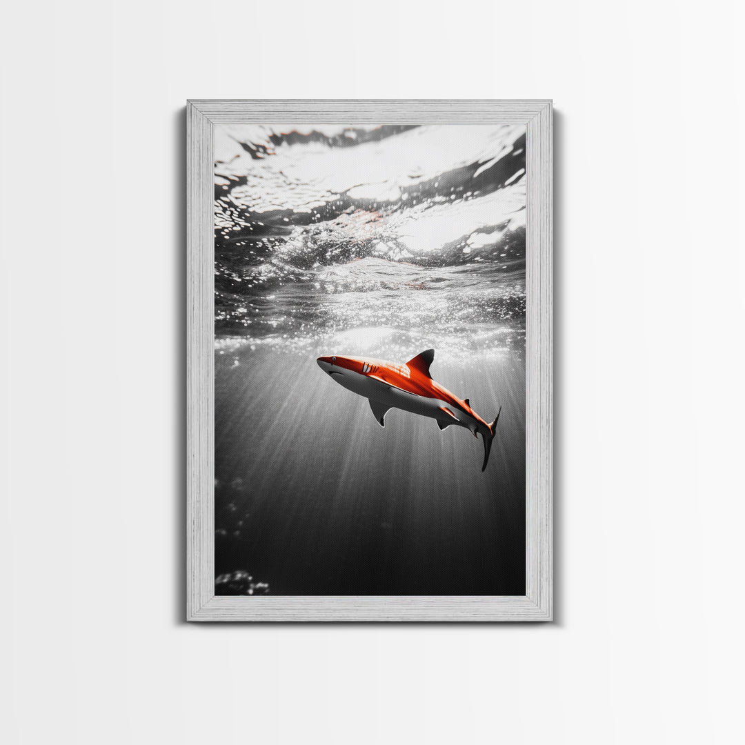 Red Shark, Underwater Scene, Ocean Light Rays, Color Contrast, Canvas Print, Modern Marine Art, Bathroom Wall Art, Nautical Style