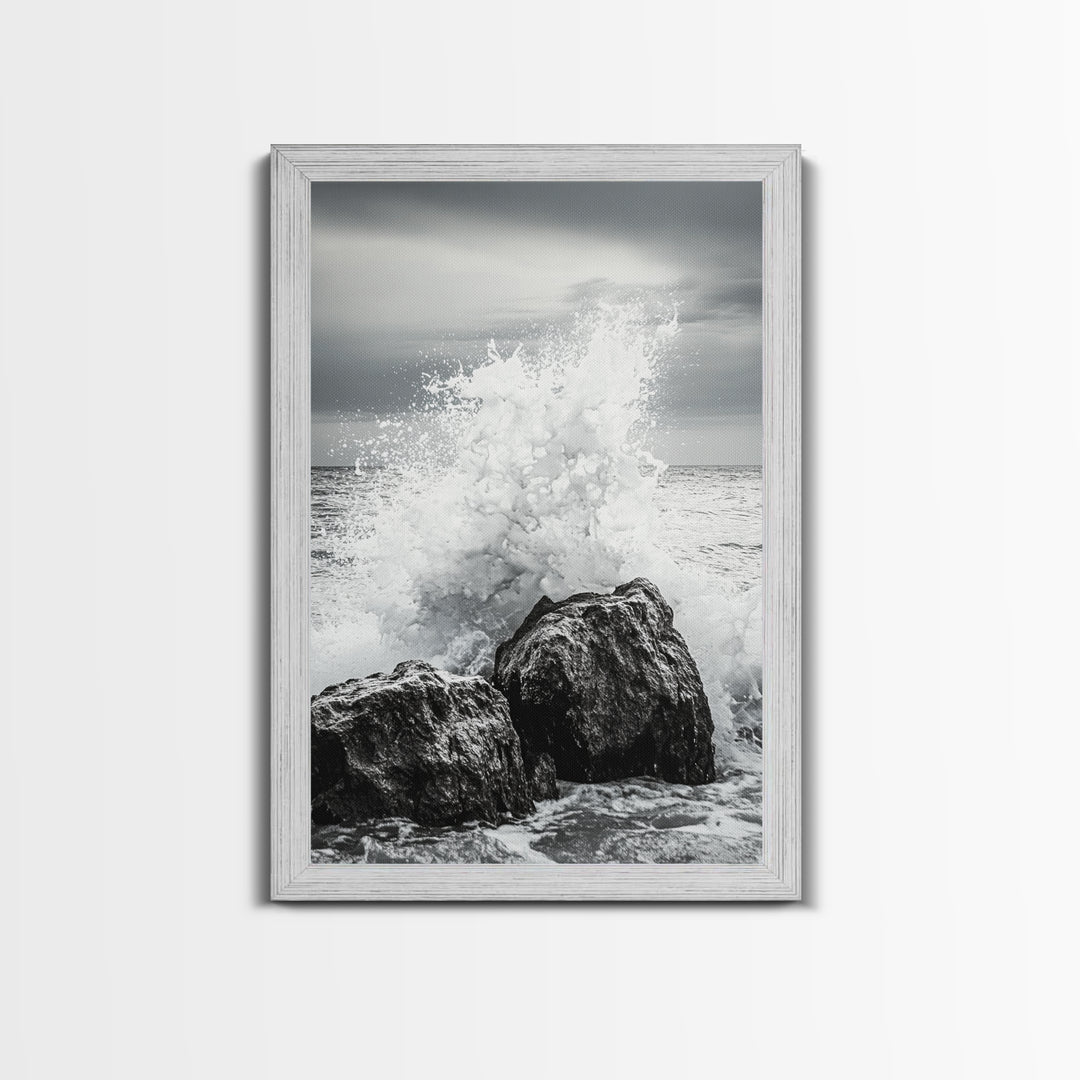Ocean Splash, Rocky Coast, Dramatic Seascape, Monochrome Power, Framed Canvas Print, Coastal Wall Art, Entryway or Office Decor