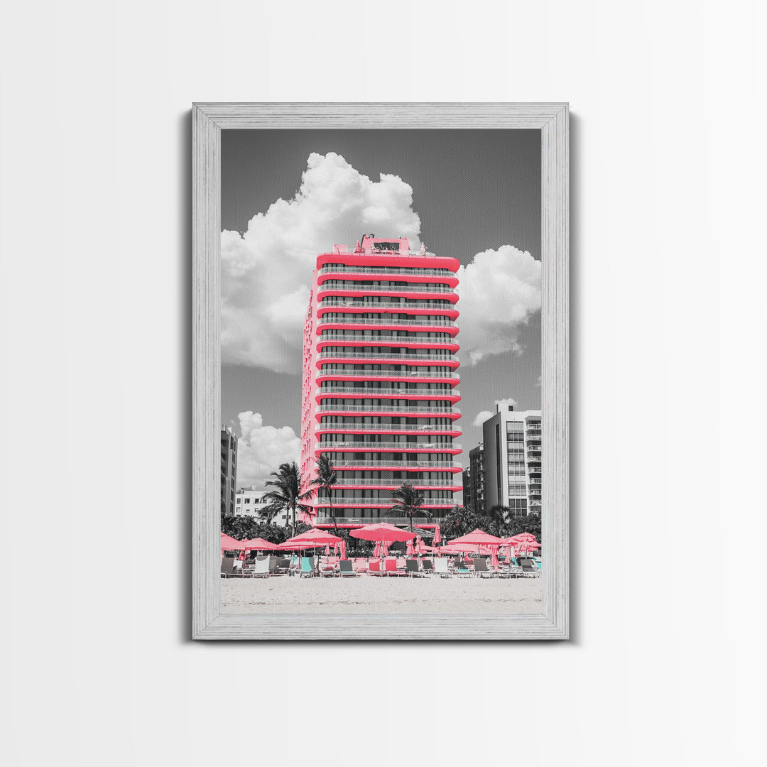 Pink Hotel, Miami Vibes, Summer Retro, Beach Scene, Canvas Print, Pop Art Aesthetic, Living Room Wall Art, Vacation Style