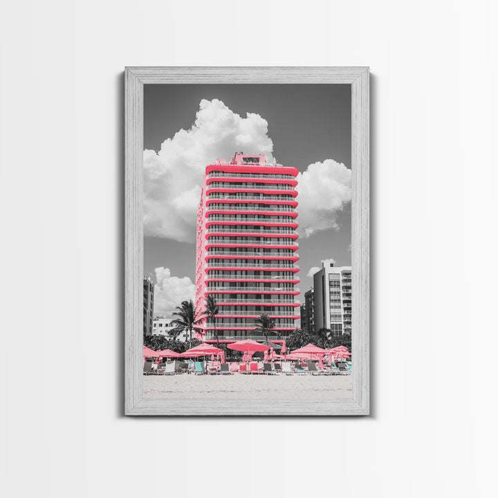 Pink Hotel, Miami Vibes, Summer Retro, Beach Scene, Canvas Print, Pop Art Aesthetic, Living Room Wall Art, Vacation Style