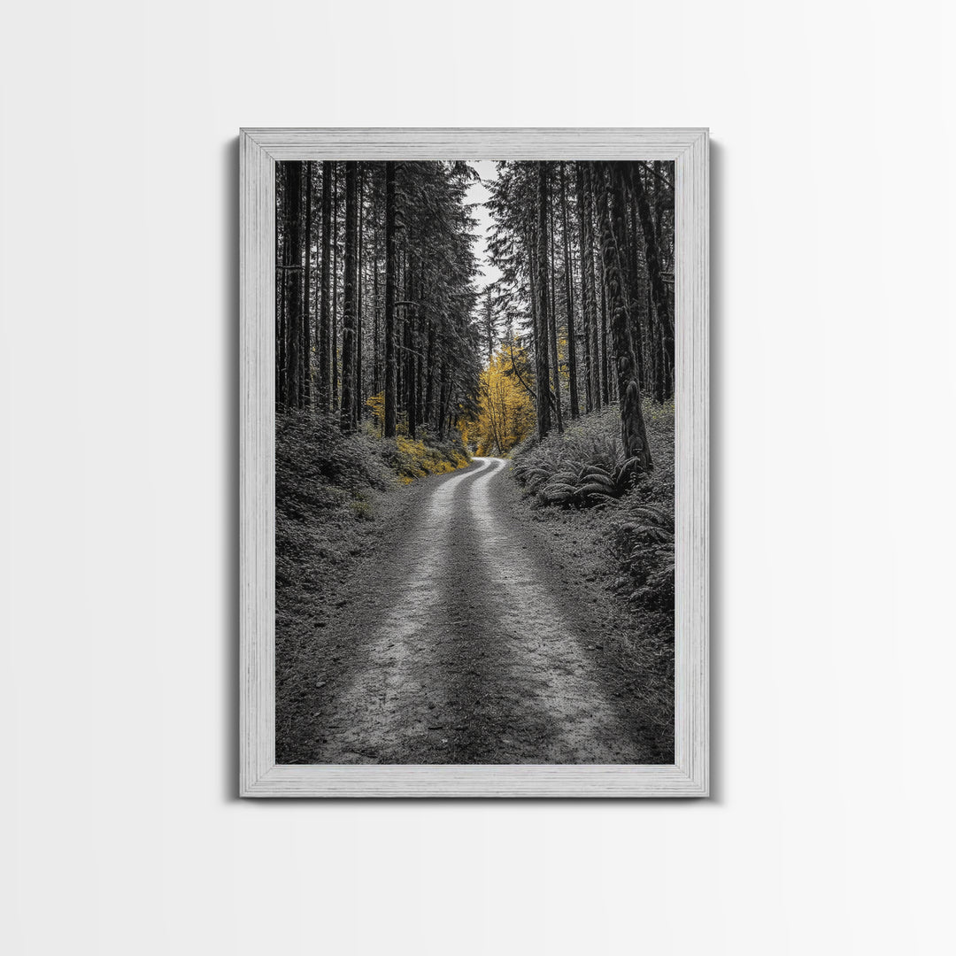 Forest Path, Yellow Trees, Autumn Trail, Framed Canvas Print, Fall Wall Art, Woodland Nature Decor, Cozy Home Accent, Entryway Artwork