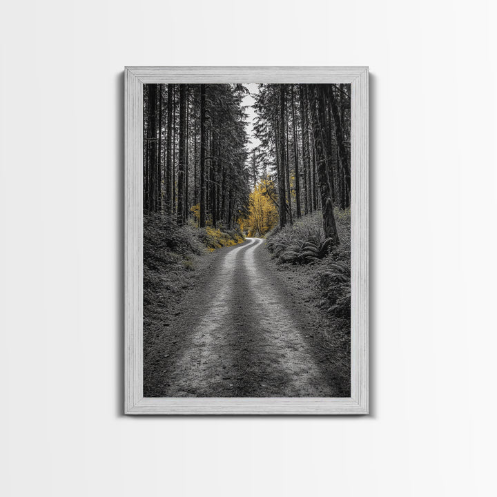 Forest Path, Yellow Trees, Autumn Trail, Framed Canvas Print, Fall Wall Art, Woodland Nature Decor, Cozy Home Accent, Entryway Artwork