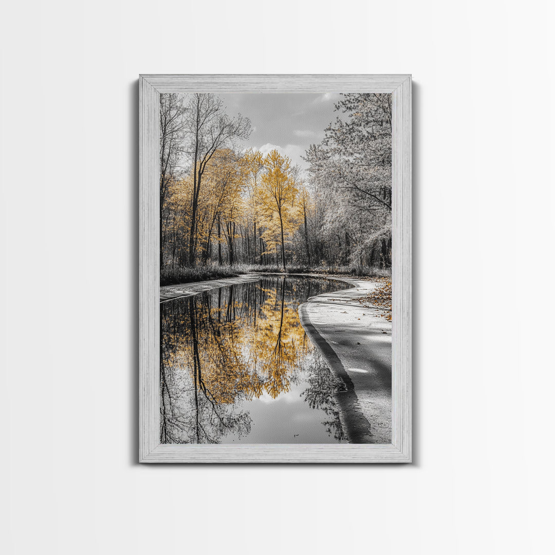 Autumn Trees, Yellow Reflection, Calm River, Nature Path, Framed Canvas Print fall landscape wall art, minimalist forest photography