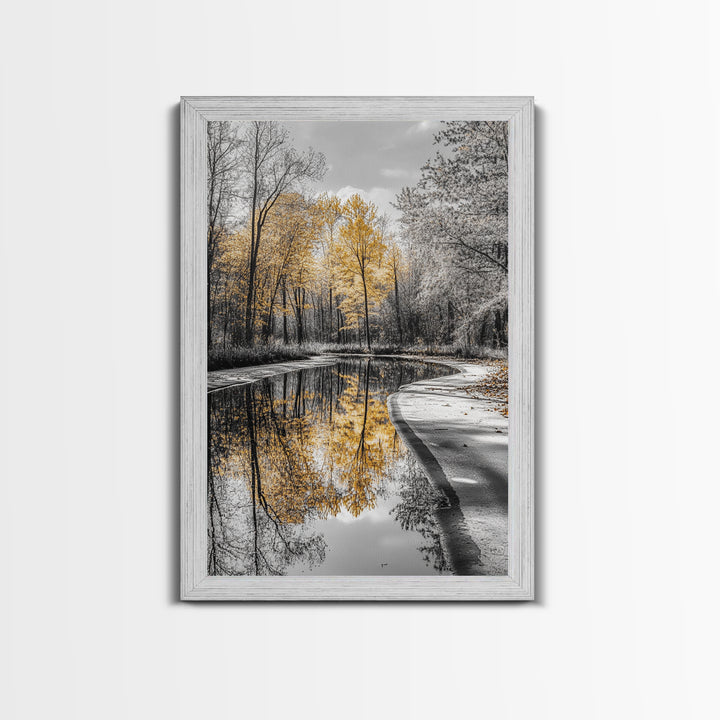 Autumn Trees, Yellow Reflection, Calm River, Nature Path, Framed Canvas Print fall landscape wall art, minimalist forest photography