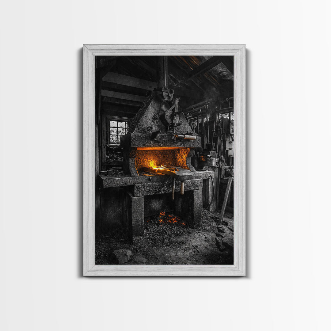 Forge Fire, Rustic Workshop, Industrial Heat, Metal Craft, Framed Canvas Print blacksmith decor, man cave wall art, moody workshop vibe