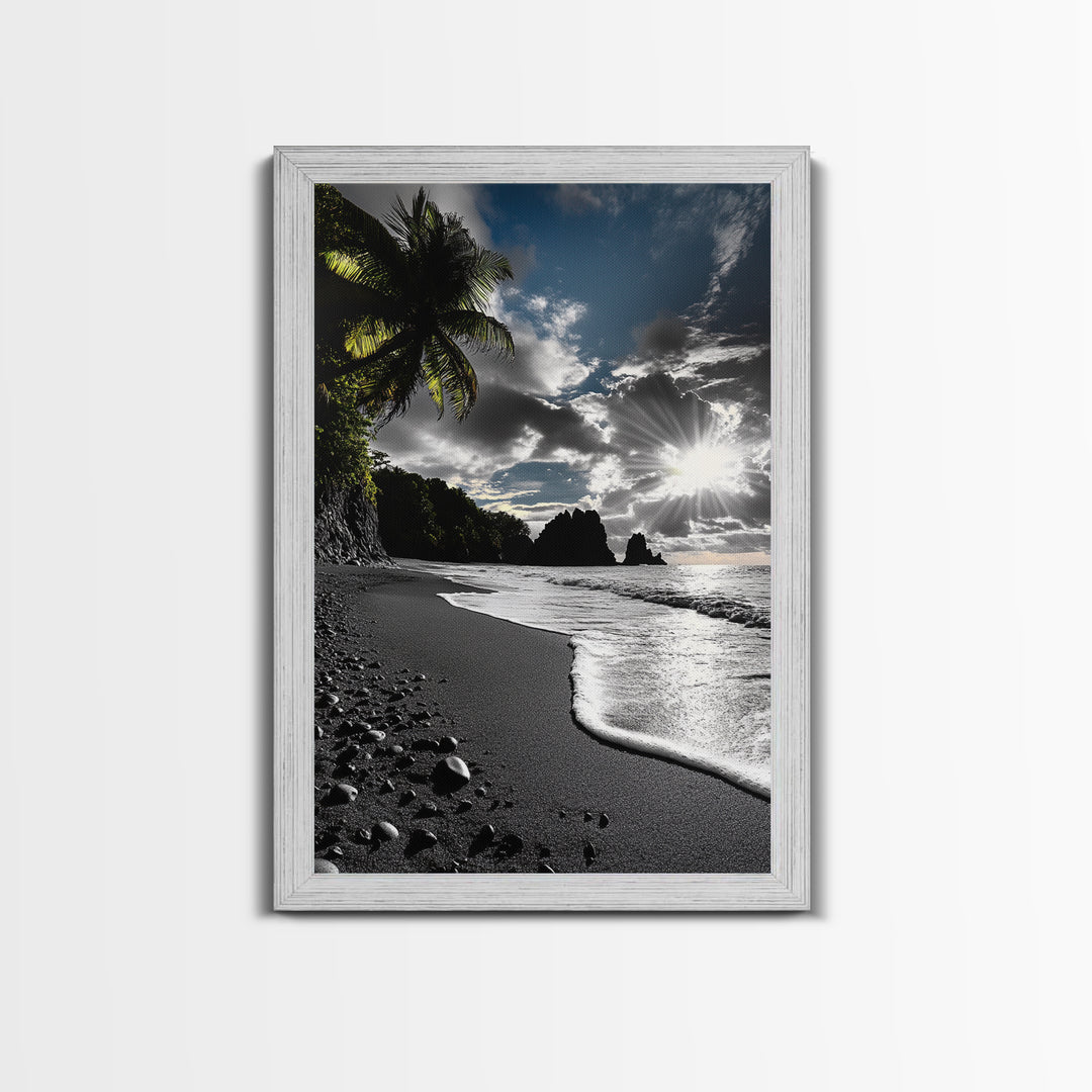 Sunset Beach, Rocky Coast, Dramatic Sky, Bold Light, Framed Canvas Print tropical sunset wall art, beach photography, bathroom decor