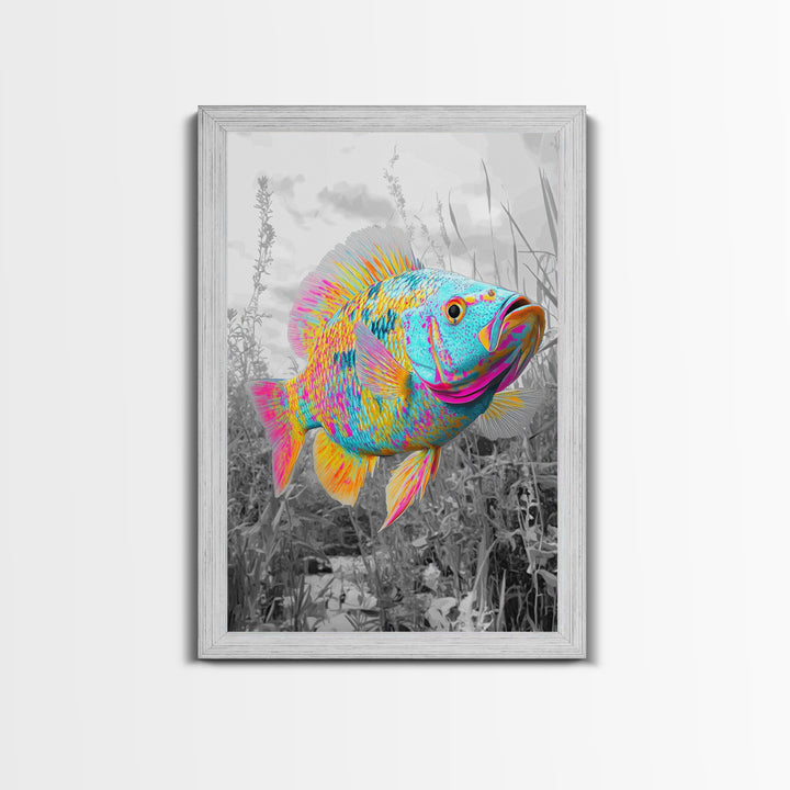 Neon Fish, Color Splash, Bright Animal, Vibrant Water, Framed Canvas Print psychedelic aquatic art, kids room fish wall decor, animal print