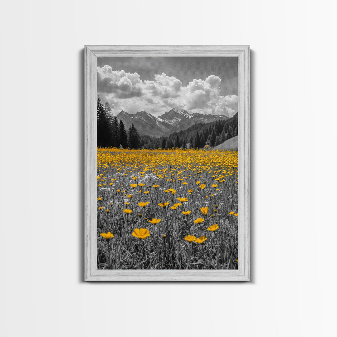 Yellow Wildflowers, Mountain Field, Blooming Meadow, Framed Canvas Print, Nature Photography, Rustic Decor, Dining Room Wall Art