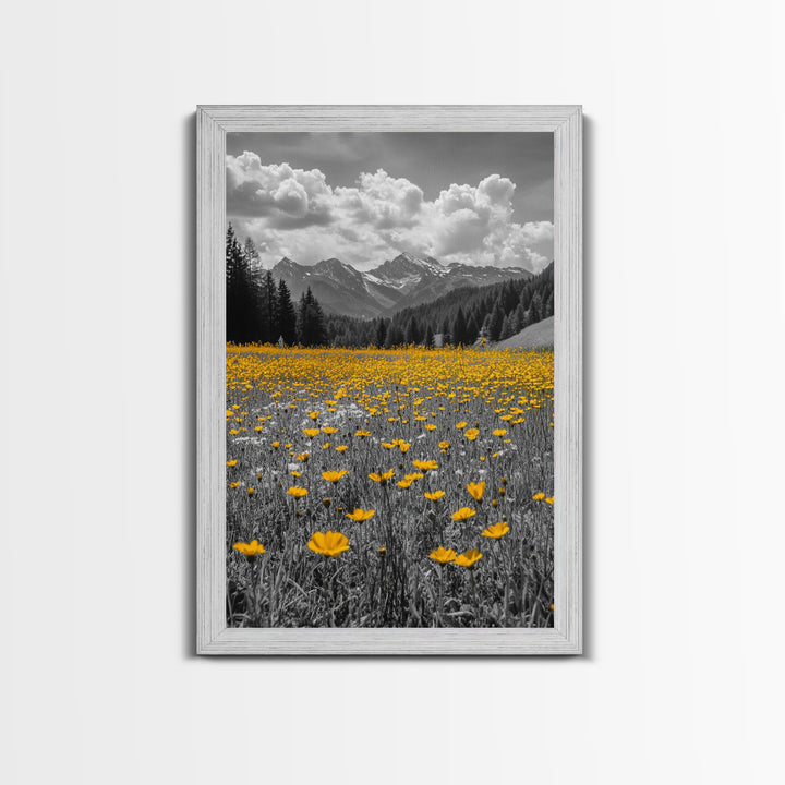 Yellow Wildflowers, Mountain Field, Blooming Meadow, Framed Canvas Print, Nature Photography, Rustic Decor, Dining Room Wall Art