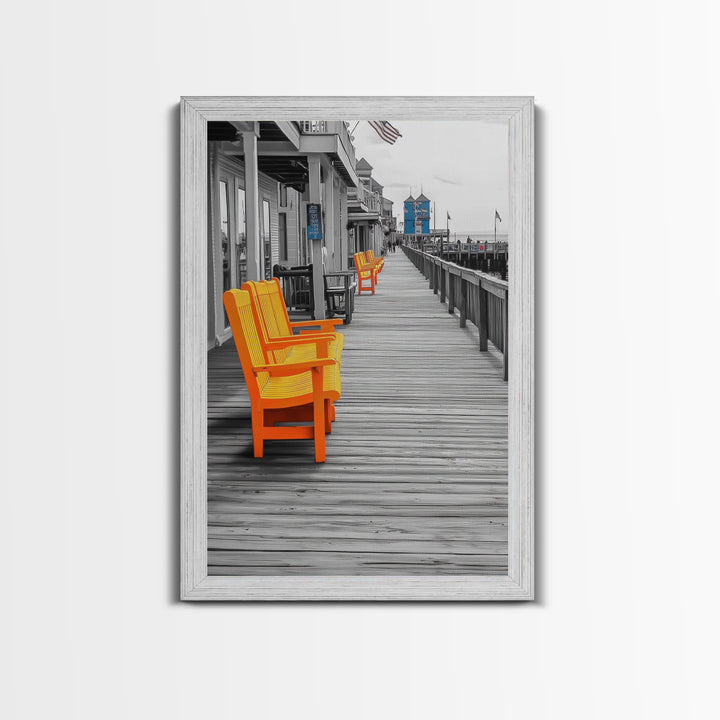 Boardwalk Chairs, Orange Seating, Coastal Town, Wooden Path, Framed Canvas Print beach town photography, nautical home decor, coastal art