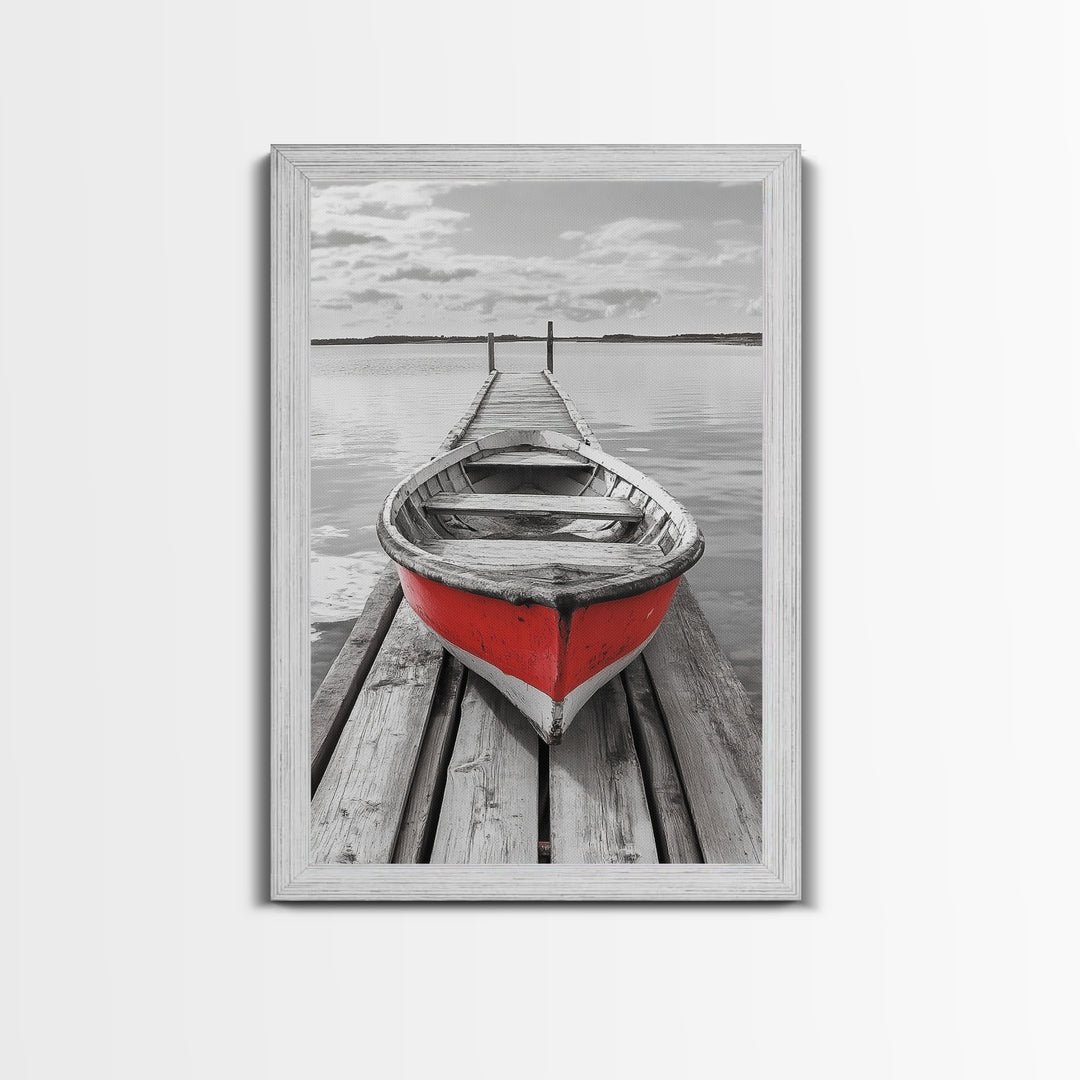 Red Rowboat, Dock Stillness, Minimalist Lake Scene, Canvas Print, Nautical Wall Art, Bathroom Decor, Tranquil Seascape, Coastal Aesthetic
